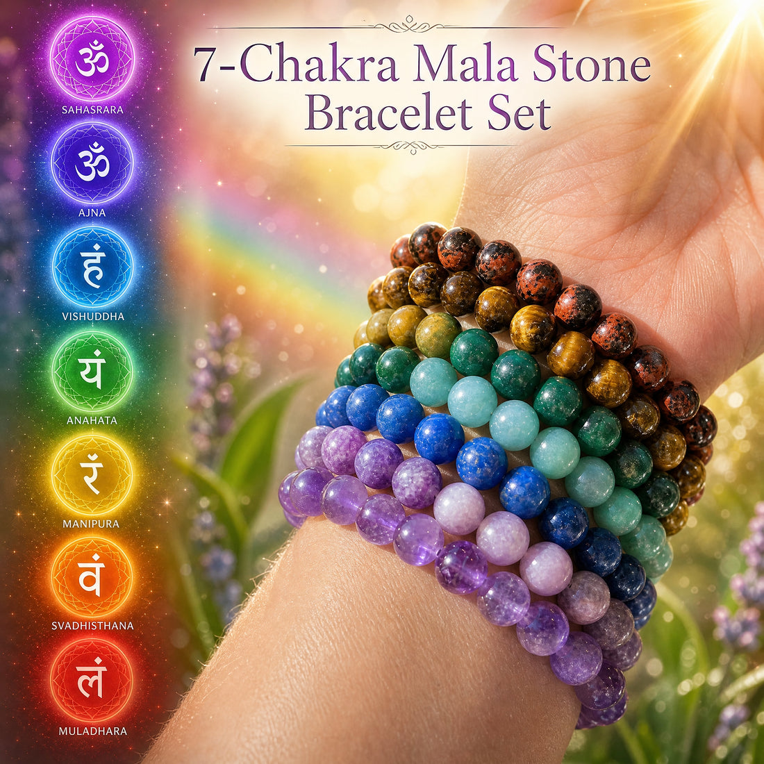 All seven chakra mala bracelets worn stacked together on a wrist, running from root-chakra red at the base to crown-chakra purple at the top