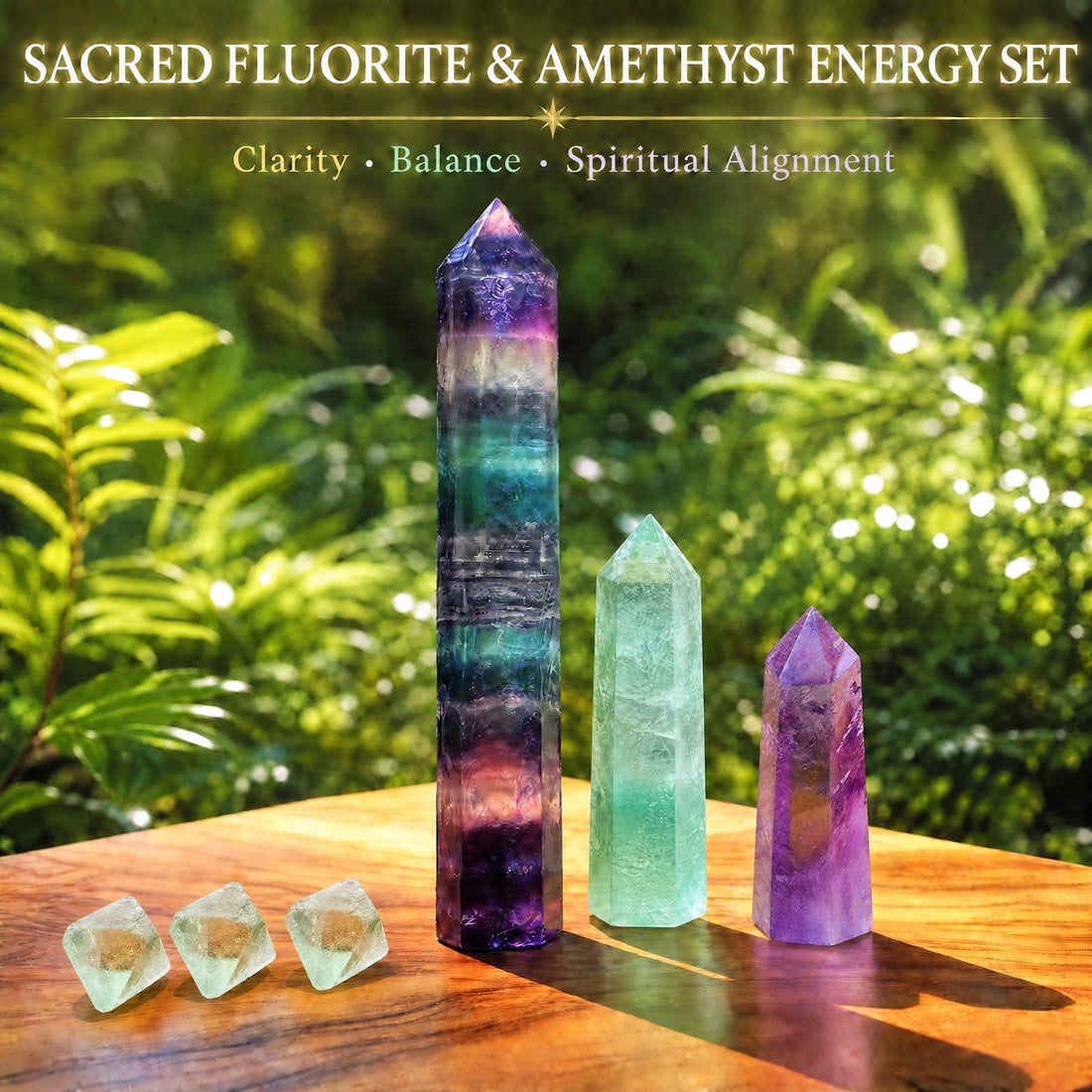 The full set on a wooden table: a tall rainbow fluorite point, a green fluorite point, an amethyst point and three green fluorite octahedrons