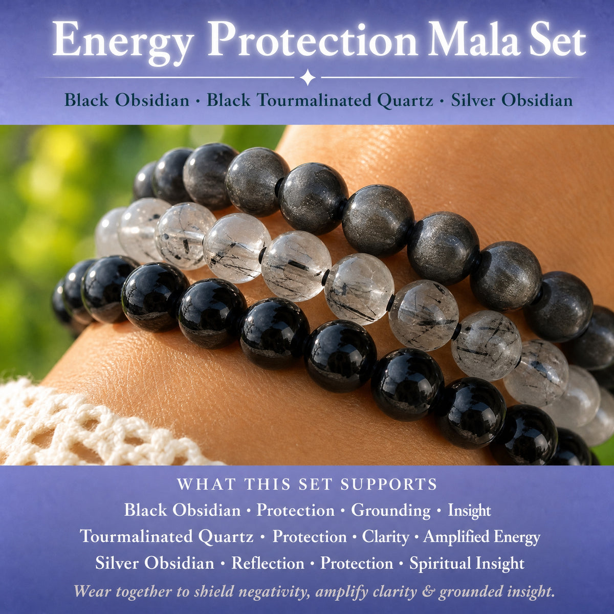 Ensemble de 3 bracelets Mala en cristal de protection énergétique