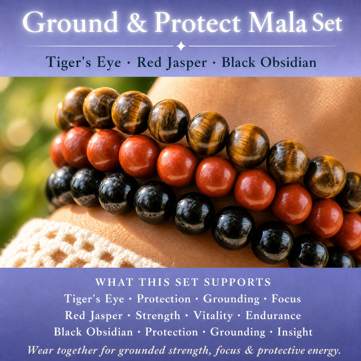 Ensemble de 3 bracelets Mala en cristal Ground & Protect