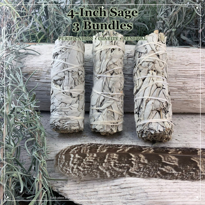 Three 4-inch sage bundles standing in a row on weathered wood