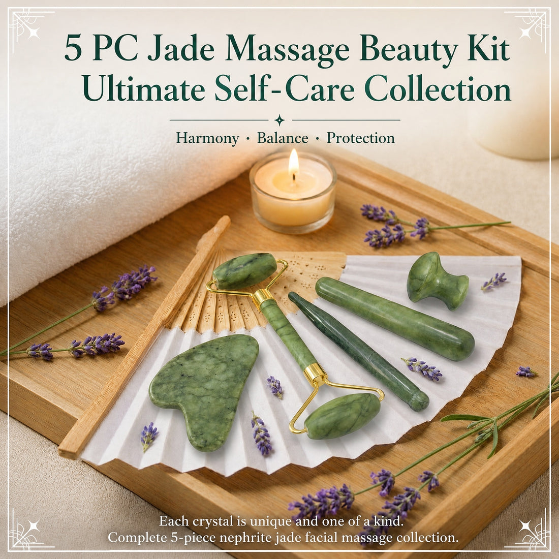 All five nephrite jade tools laid out together: facial roller, gua sha, mushroom tool, massage wand and slim acupressure wand