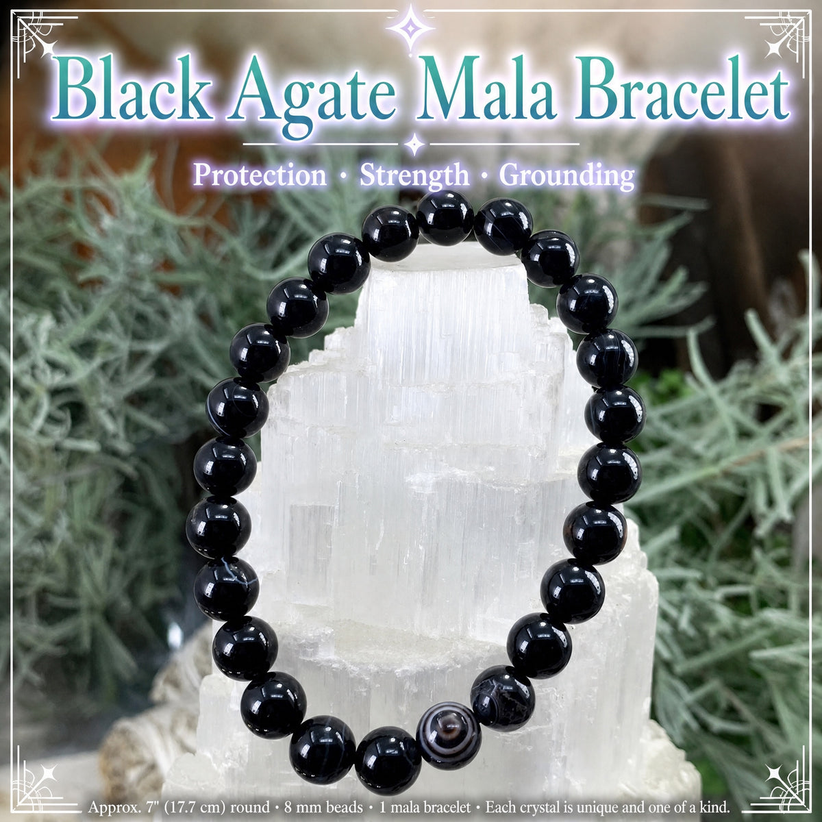 Bracelet Mala Agate Noire Avec Pochette En Velours