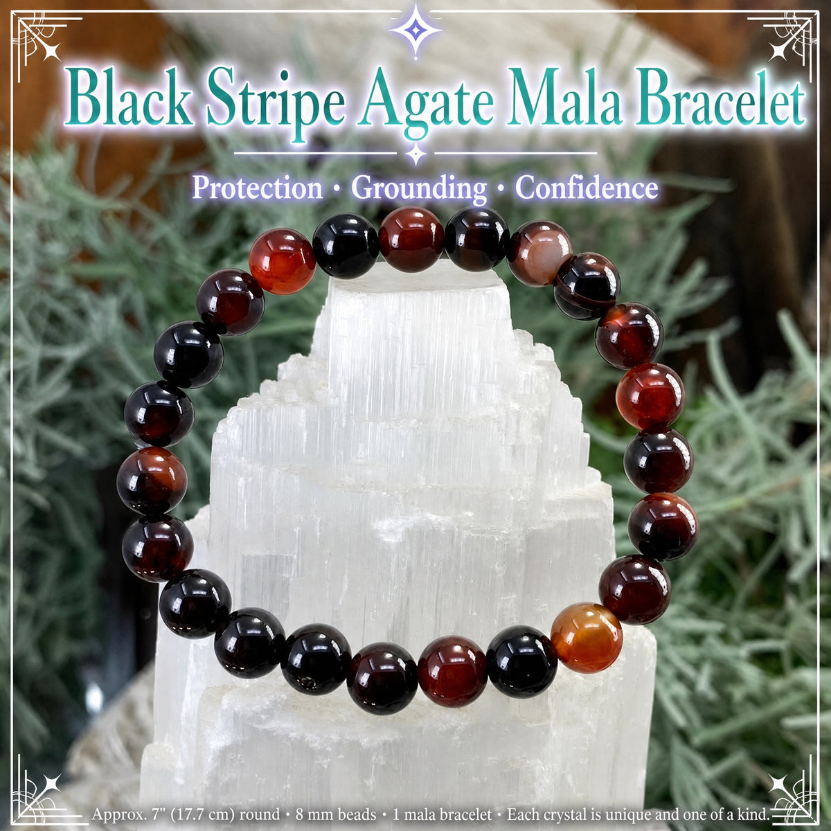 Bracelet Mala en agate à rayures noires avec pochette en velours