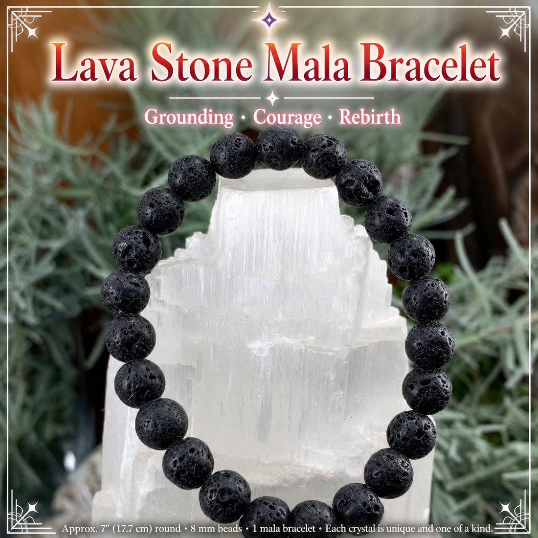Black lava stone bead bracelet hanging over a white selenite tower