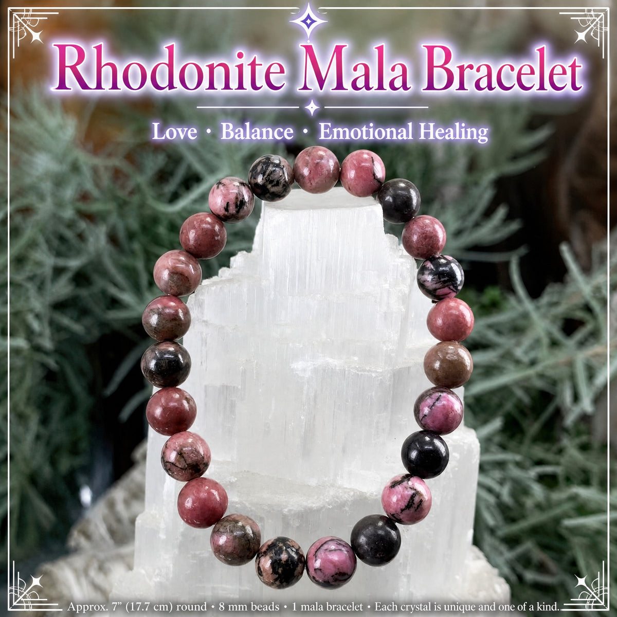 Bracelet Mala Rhodonite Avec Pochette En Velours