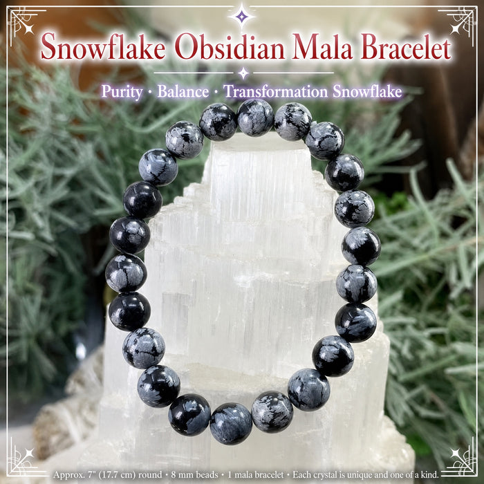 Bracelet Mala en obsidienne flocon de neige avec pochette en velours