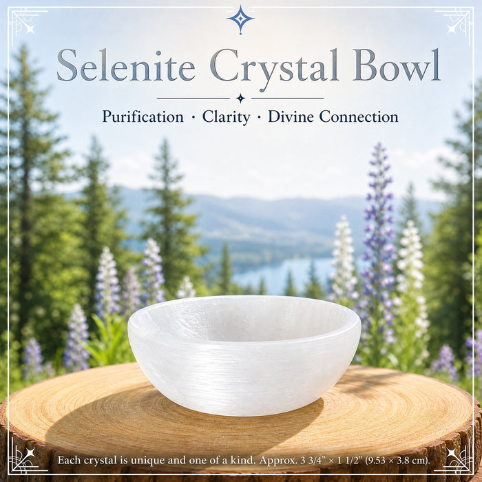 A round white selenite bowl on a wooden slice