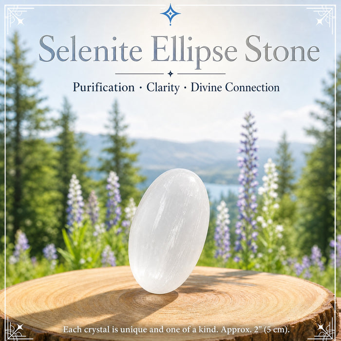 A smooth oval selenite ellipse stone standing on a wooden slice