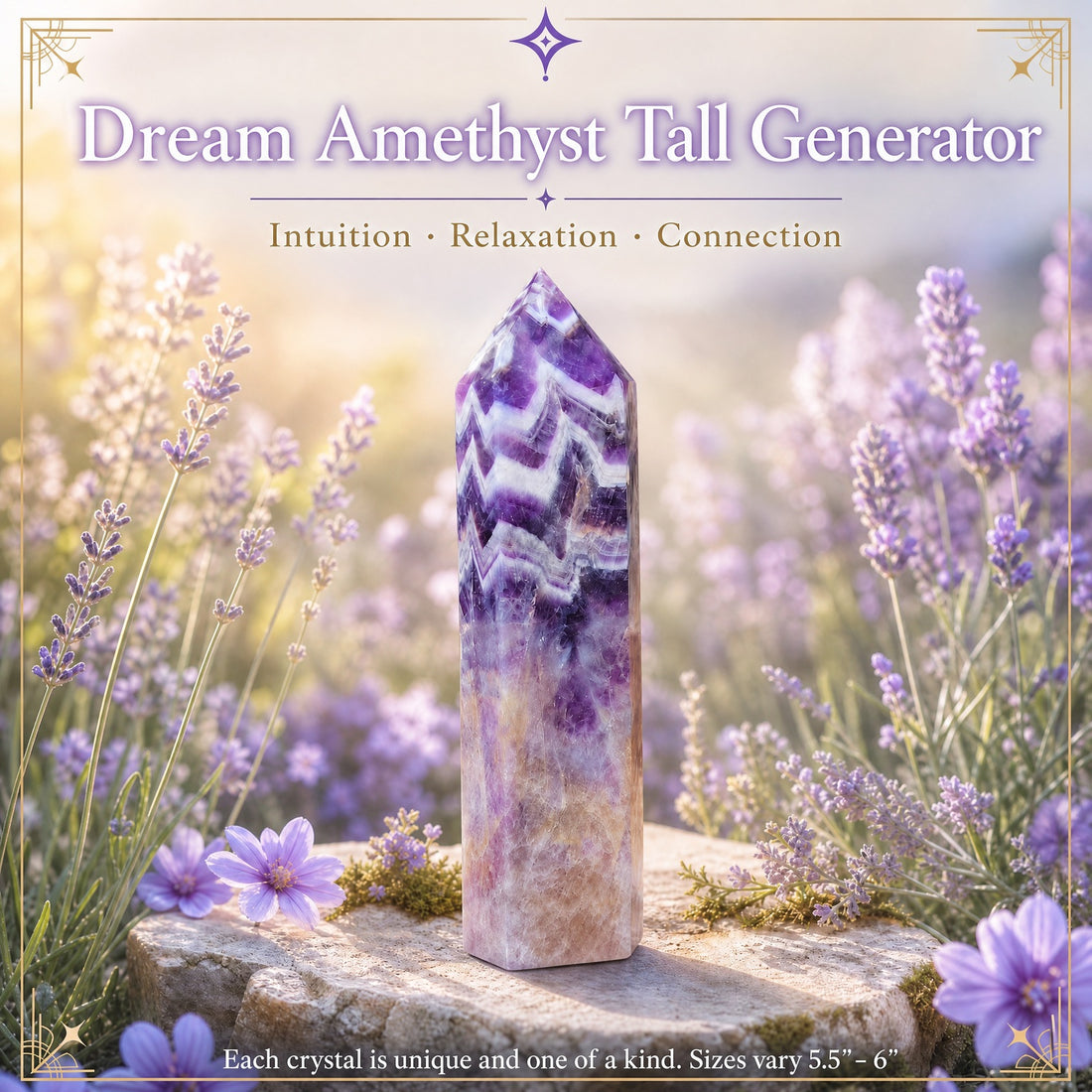Dream amethyst tall generator with purple and white chevron bands standing on a stone among lavender