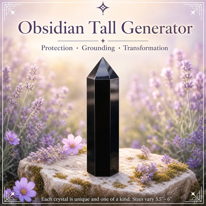 Glossy black obsidian tall generator standing on a stone among lavender