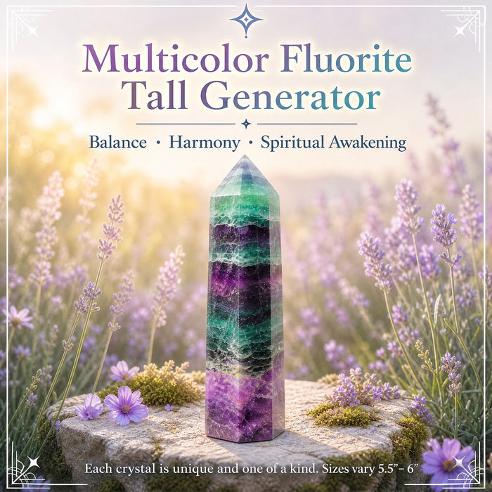 Multicolor fluorite tall generator banded in green and purple, standing on a stone among lavender