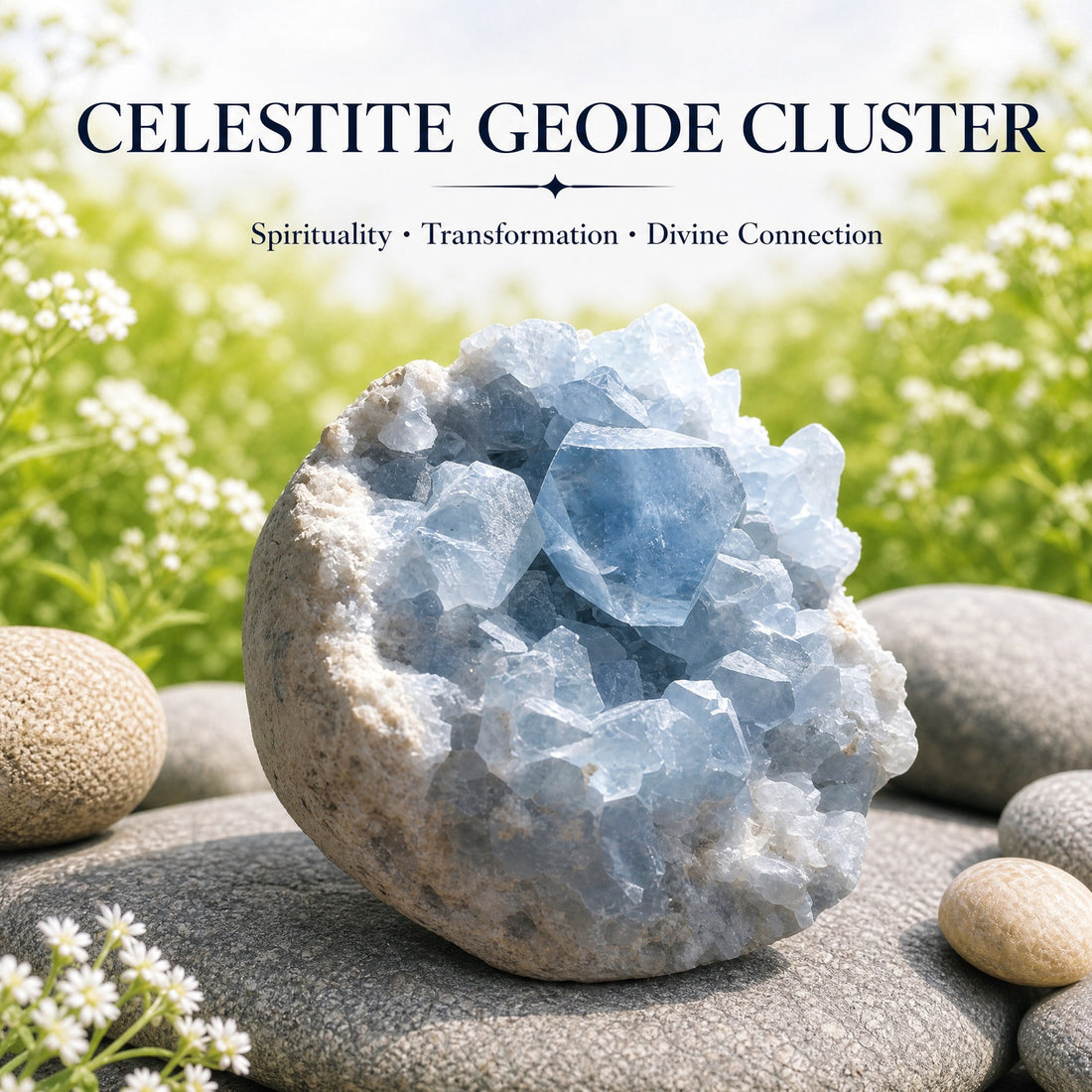 An open celestite geode half resting on river stones in a meadow, its hollow filled with pale blue crystals