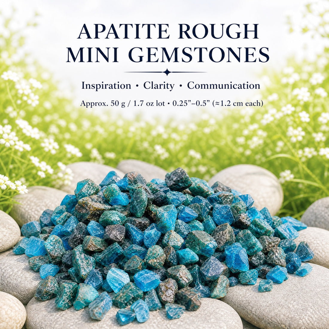 A heap of rough blue and blue-green apatite mini gemstones on grey river stones