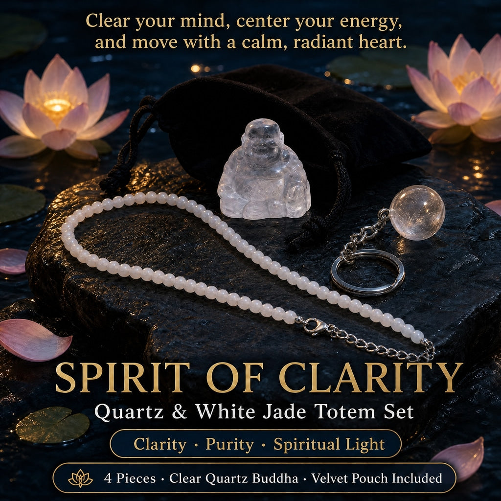 The Spirit of Clarity set on a dark stone among lotus flowers: a clear quartz Buddha, a white jade bead necklace, a clear quartz sphere keychain and a black velvet pouch