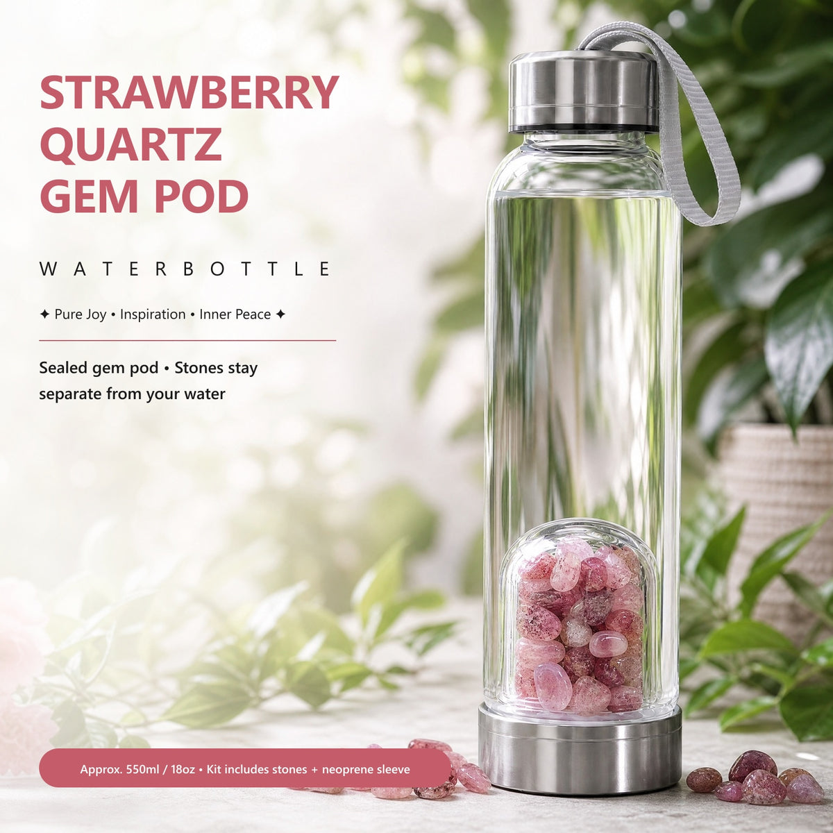 Bouteille d'eau en dosette de gemme de quartz de fraise 💧