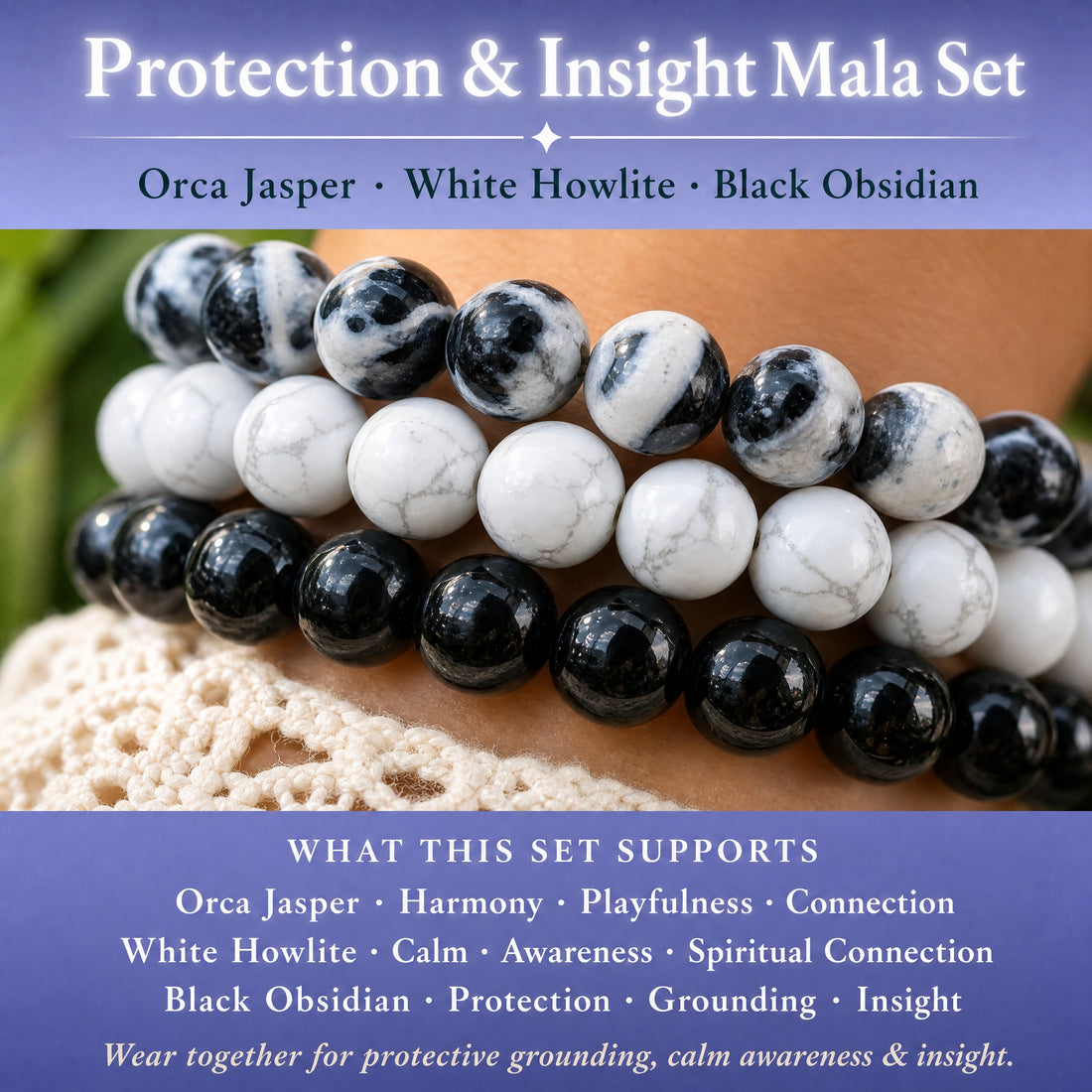 Orca Jasper, White Howlite and Black Obsidian bead bracelets stacked on a wrist