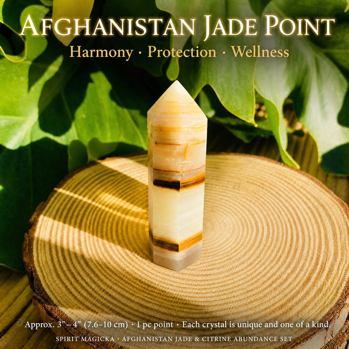 Afghanistan jade point with cream and honey bands standing on a wood slice