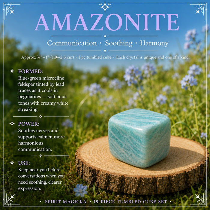 Amazonite tumbled cube on a wooden round in a wildflower meadow