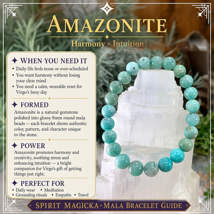 Sea-green amazonite bead bracelet on a selenite tower