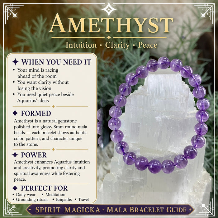 Amethyst bead bracelet in clear violet beads on a selenite block