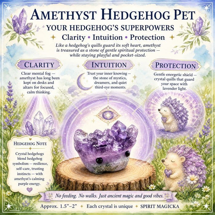 Amethyst hedgehog with purple crystal spines and two black eyes