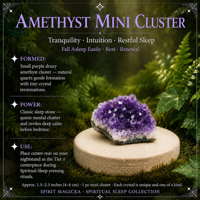 Small purple amethyst mini cluster on a round wooden stand