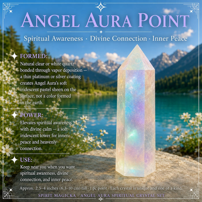 An iridescent angel aura quartz point standing on a rock by a lake