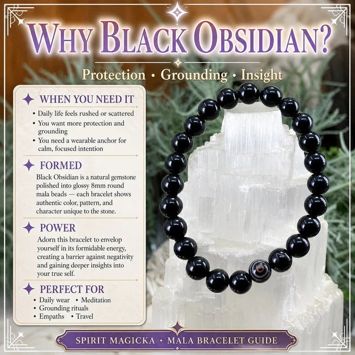Black obsidian bead bracelet resting on a selenite tower