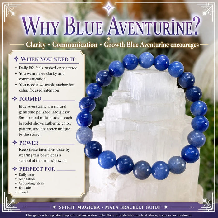 Blue aventurine mala bracelet of round blue beads displayed on a white selenite stand
