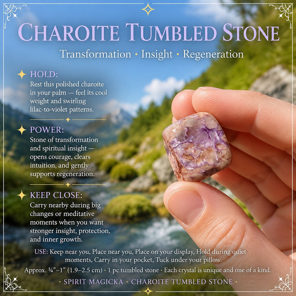 A polished charoite tumbled stone held between thumb and finger