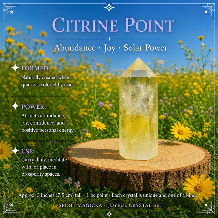 A pale golden citrine point standing on a wooden slice