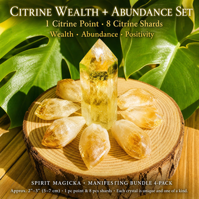 A golden citrine point standing in a ring of eight citrine shards on a wooden slice