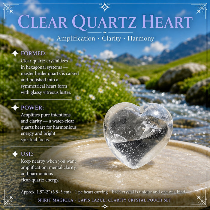 Polished clear quartz heart on a stone tray beside a stream