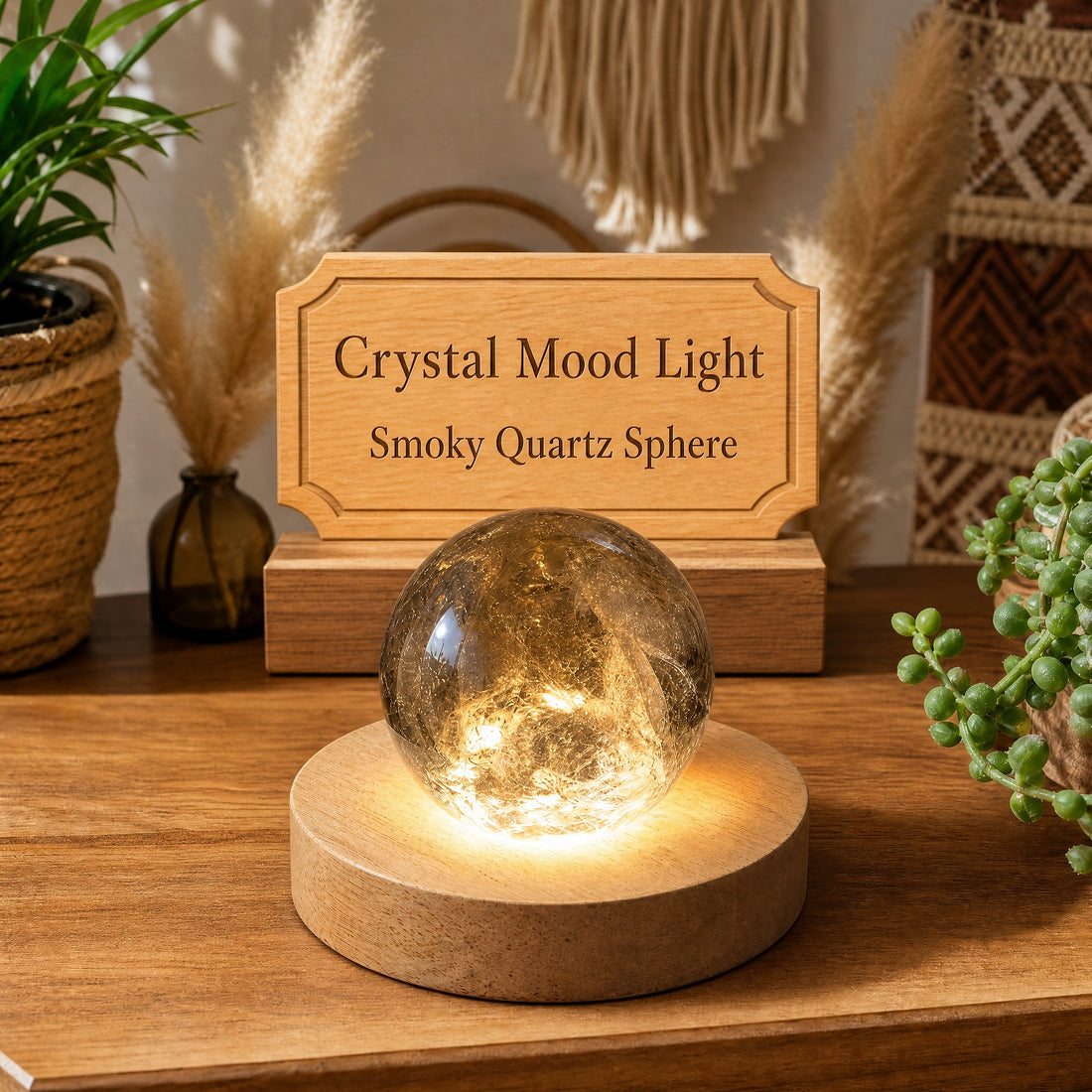 A smoky quartz sphere glowing warm gold on the round wooden mood light base, on a shelf with plants