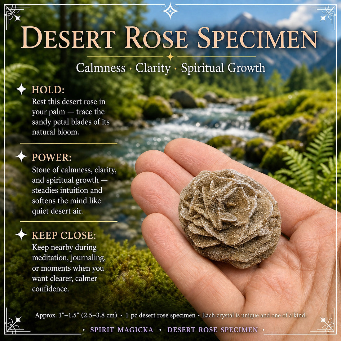 A desert rose specimen resting in an open palm in front of a forest stream
