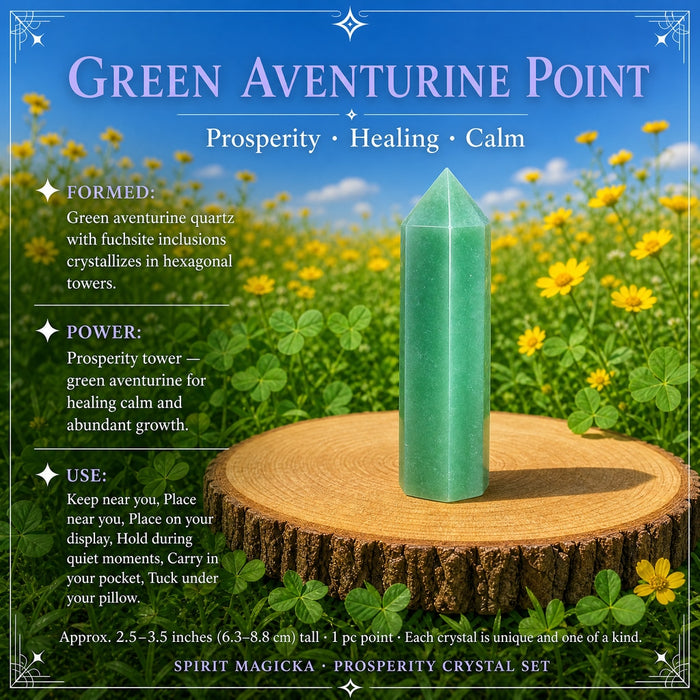 A tall six-sided green aventurine point on a wood slice in a meadow
