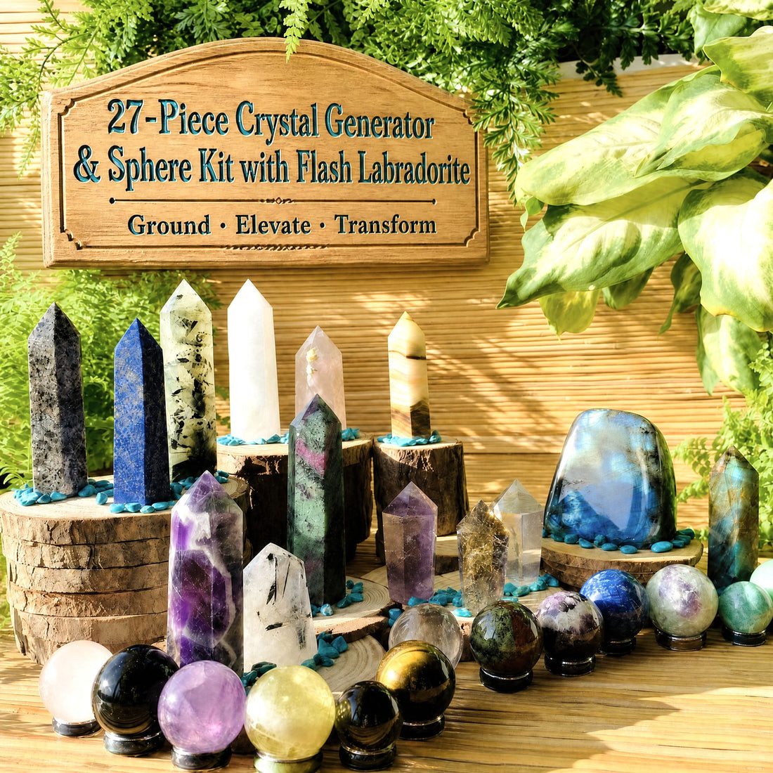The whole kit arranged together: points on wood rounds, the labradorite generator, a row of mini spheres and blue howlite chips scattered at the bases
