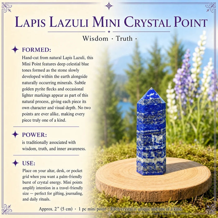 Six-sided lapis lazuli mini point standing on a wooden round among lavender flowers