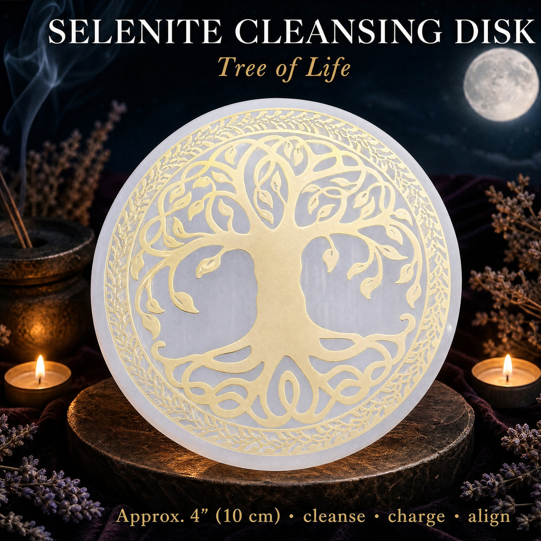 A round white selenite disk with a gold Tree of Life and a border of leaves, standing on a candlelit altar under a full moon