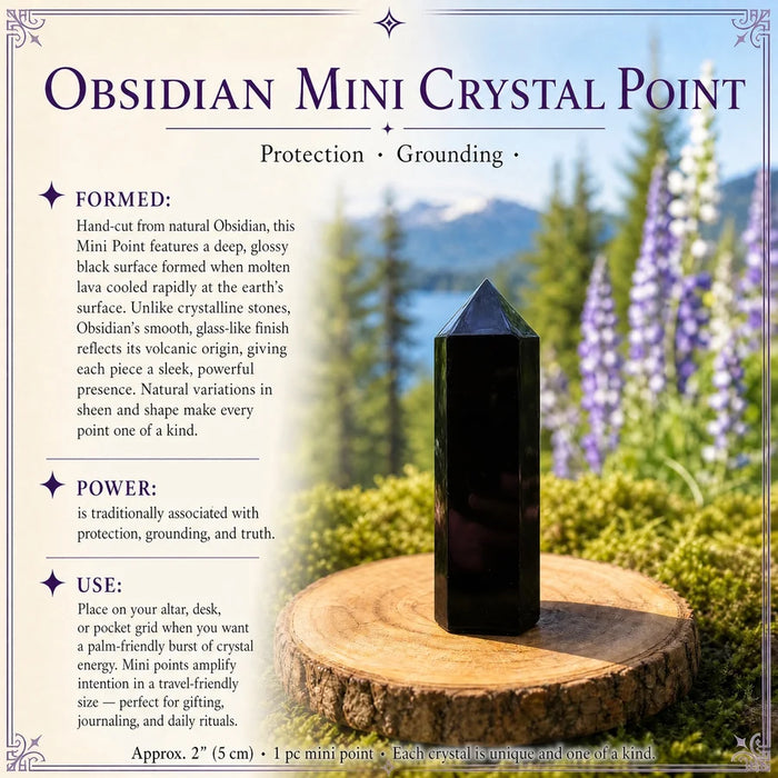 Glossy black obsidian mini point standing on a wood slice