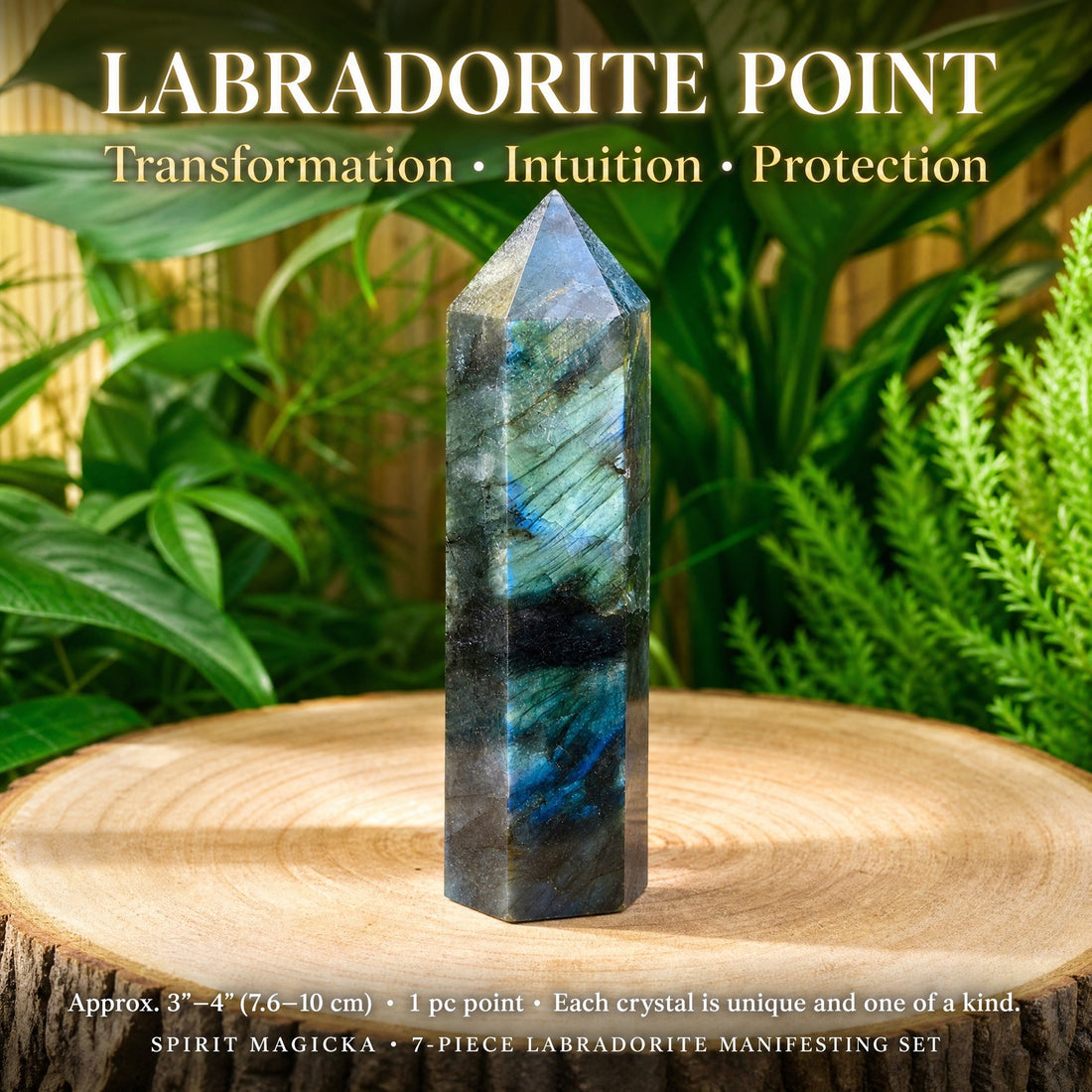 Polished labradorite point standing on a wooden round, flashing blue and green