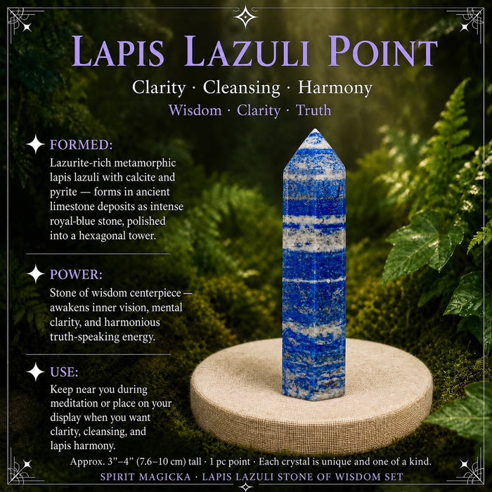 Royal blue lapis lazuli point with white calcite bands on a linen stand