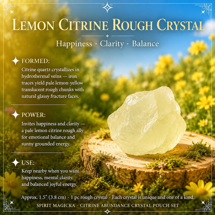 A pale lemon citrine rough crystal on a wooden round among yellow flowers