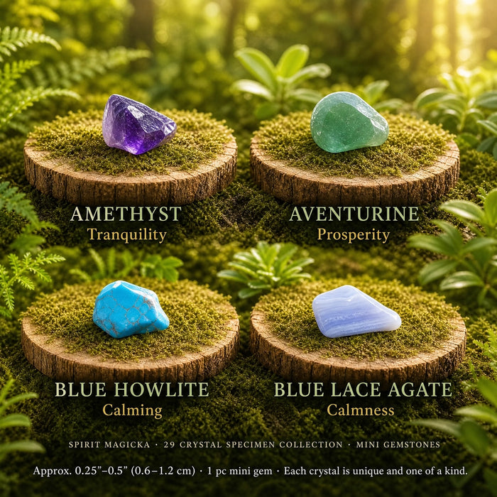 Mini amethyst, aventurine, blue howlite and blue lace agate on moss-topped wood slices