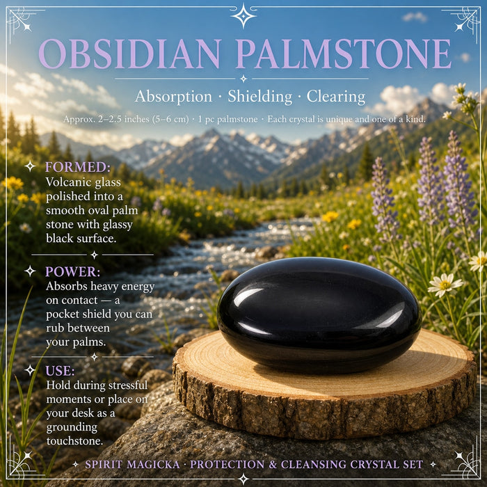 Glossy black obsidian palmstone on a wood slice