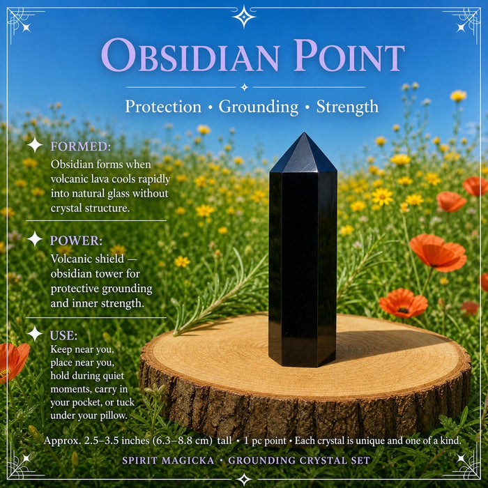 A polished black obsidian point standing on a wood round in a flower meadow