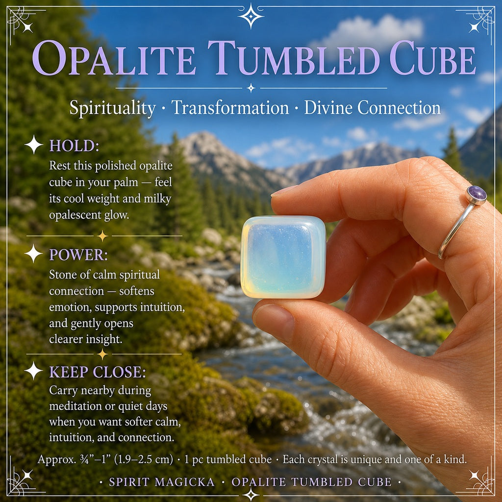 A translucent opalite tumbled cube held between thumb and fingertips in front of a mountain stream