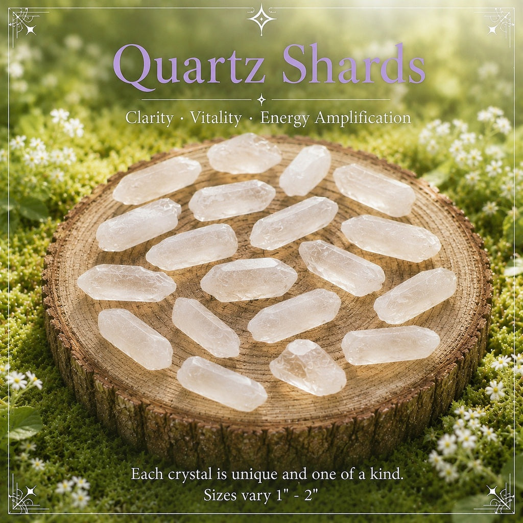 Raw clear quartz shards arranged on a wooden round