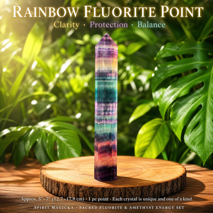 Rainbow fluorite point with purple, teal and clear bands, standing on a wooden slice